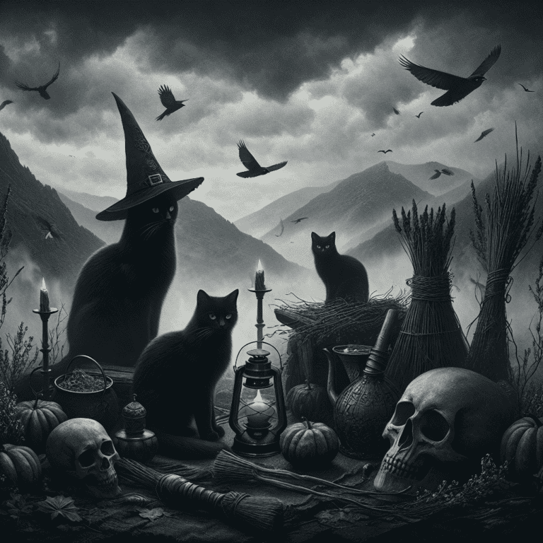 a black cat with a person hat and a skull
