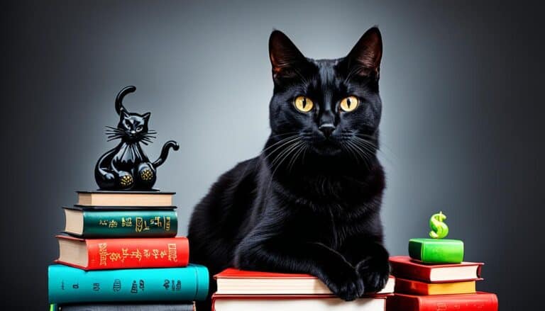 a black cat lying on a stack of books