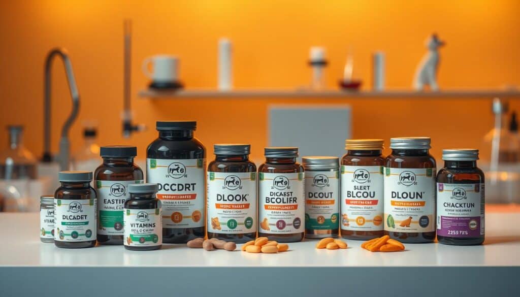 A beautifully composed still life of expertly formulated dog supplements set against a warm, golden-hued backdrop. In the foreground, an array of high-quality pet vitamins and minerals in elegantly designed bottles and tins, each label showcasing its scientific heritage and pet-friendly formulation. The middle ground features a sleek, minimalist product display, with the supplements artfully arranged to highlight their premium quality. In the soft, defocused background, a laboratory-inspired setting with subtle scientific equipment and glassware, conveying the rigorous process behind the creation of these expertly crafted pet care products. The lighting is soft and diffused, casting a gentle glow over the scene, creating a sense of professionalism and care.