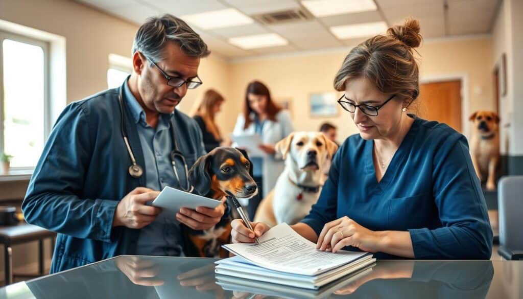 A busy veterinary clinic, the foreground shows a pet owner carefully filling out a pet insurance claim form, meticulously recording details of their mixed-breed dog's recent medical visit. In the middle ground, a receptionist patiently guides them through the process, explaining policy coverage and next steps. The background depicts a calming, well-lit waiting area, with other pet owners and their companions - a mix of breeds - awaiting their turn. Soft, natural lighting filters in, creating a sense of professionalism and care. The overall atmosphere conveys the complexities of navigating the pet insurance claims process, while emphasizing the importance of inclusive, compassionate veterinary services for all pet owners.