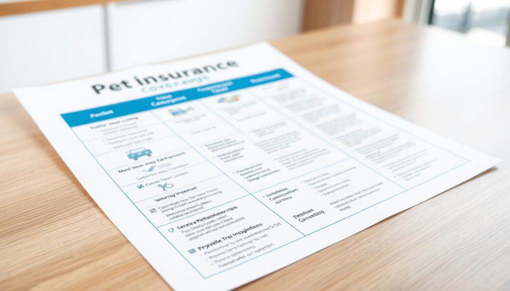 A clean, sharply-focused photograph of a comprehensive pet insurance coverage chart, lying on a wooden desk in soft, natural daylight. The chart features detailed icons and descriptions of various coverage components, such as veterinary visits, medications, surgeries, and more. The background is blurred, emphasizing the clarity and importance of the information on the chart. The overall mood is professional and informative, conveying the significance of evaluating the coverage options for one's canine companion.