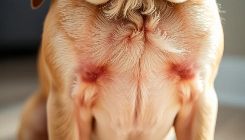 A close-up photograph of a dog's abdomen, capturing the subtle signs of gut health issues. The skin has a slightly reddened, inflamed appearance, and the fur appears dull and patchy. The dog's expression conveys a sense of discomfort. The lighting is soft and natural, highlighting the texture of the skin and fur. The background is blurred, keeping the focus on the dog's midsection. The angle is slightly elevated, creating a sense of intimacy and empathy with the subject. The overall mood is one of concern and the need for a probiotic boost to restore the dog's gut health and well-being. A close-up photograph of a dog's abdomen, capturing the subtle signs of gut health issues. The skin has a slightly reddened, inflamed appearance, and the fur appears dull and patchy. The dog's expression conveys a sense of discomfort. The lighting is soft and natural, highlighting the texture of the skin and fur. The background is blurred, keeping the focus on the dog's midsection. The angle is slightly elevated, creating a sense of intimacy and empathy with the subject. The overall mood is one of concern and the need for a probiotic boost to restore the dog's gut health and well-being.