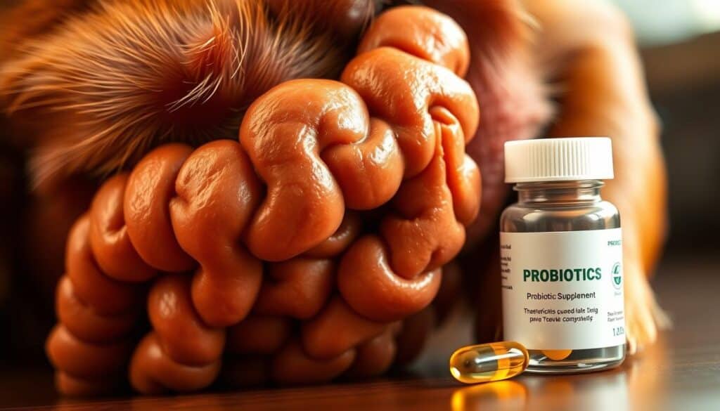 A close-up photograph of a glossy, healthy-looking dog's gut, with a probiotic supplement capsule prominently displayed in the foreground. The gut is depicted with a warm, natural lighting, showcasing the intricate texture and color variations of the digestive system. The background is slightly blurred, creating a sense of depth and focus on the probiotic capsule. The overall composition and lighting evoke a sense of vitality, wellness, and the beneficial effects of the probiotic supplement on the dog's digestive health.