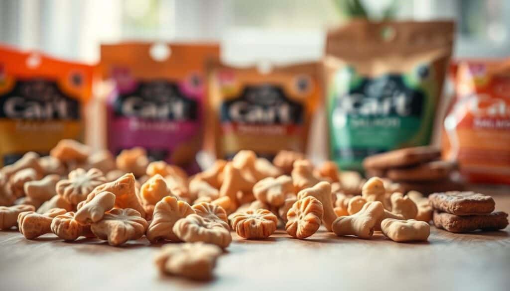 A close-up photograph of a variety of nutritious cat treats arranged on a wooden table, bathed in soft, natural lighting. In the foreground, a selection of high-quality, bite-sized treats made from premium ingredients such as real chicken, salmon, or catnip. In the middle ground, the treats are positioned to showcase their texture, color, and appetizing appearance. The background is slightly blurred, creating a sense of depth and focus on the treats. The overall mood is one of quality, health, and natural appeal, reflecting the product's nutritional benefits for feline companions.