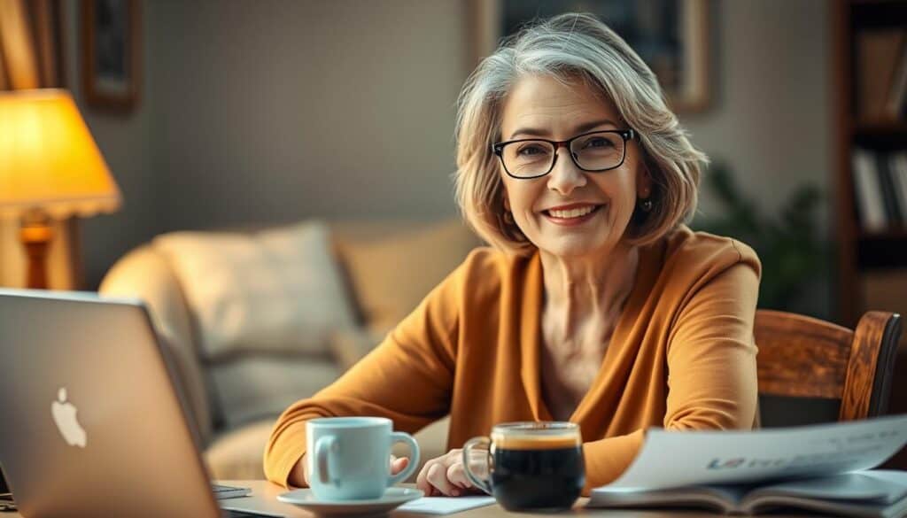 A close-up portrait of a middle-aged woman in a cozy, home-like setting, exuding an air of expertise and reliability. She sits at a wooden desk, surrounded by insurance documents, a laptop, and a cup of coffee, her expression reassuring and her posture conveying a sense of authority. Warm, soft lighting illuminates her face, creating a sense of approachability. The background is slightly blurred, but hints at a comfortable, lived-in environment, suggesting the depth of her experience and the trustworthiness of her advice.