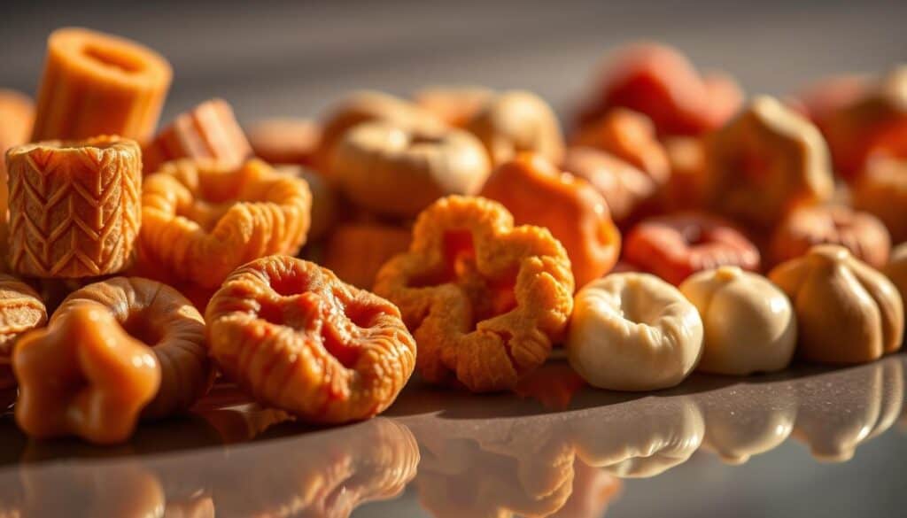 A close-up shot of a selection of premium cat treats, showcasing their intricate textures and vibrant colors. The treats are neatly arranged on a smooth, reflective surface, bathed in warm, directional lighting that casts soft shadows, highlighting their three-dimensional forms. The treats appear glossy and inviting, with a range of shapes and sizes, from cylindrical "Squeeze Ups" to soft, pillowy morsels. The composition emphasizes the treats' luxurious, artisanal quality, conveying a sense of indulgence and sophistication befitting the "Fancy Feast" brand.
