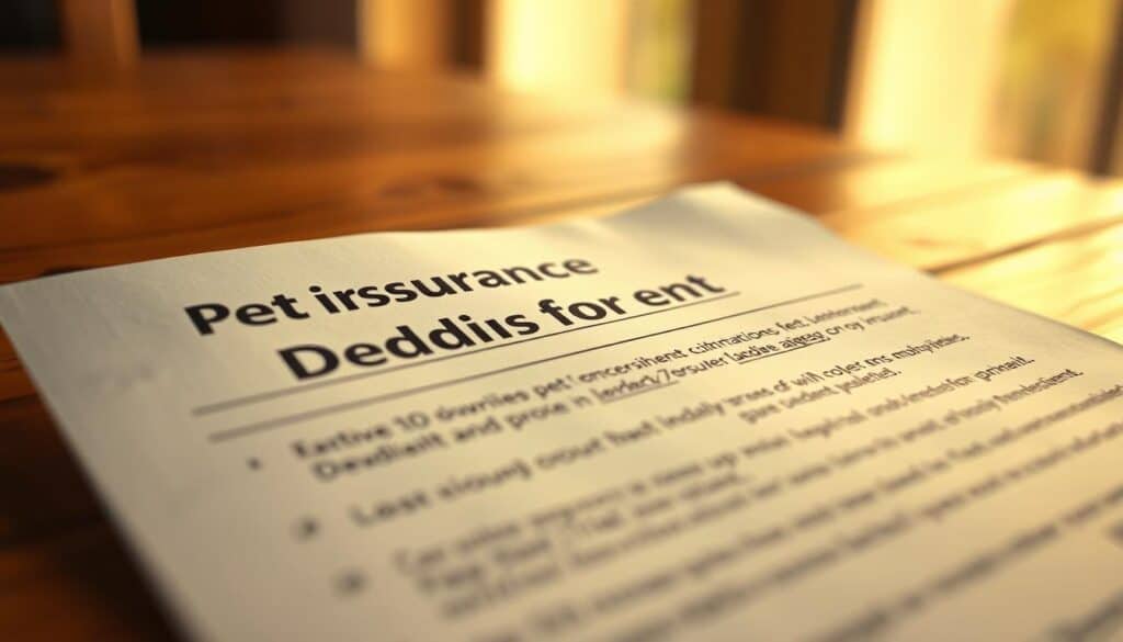 A close-up view of a pet insurance policy document, its deductible amount prominently displayed. The document is resting on a wooden table, illuminated by warm, natural lighting. The background is softly blurred, placing the focus on the policy details. The angle is slightly elevated, creating a sense of careful consideration. The overall mood is one of thoughtful analysis, as the viewer examines the impact of the deductible on potential reimbursement rates.