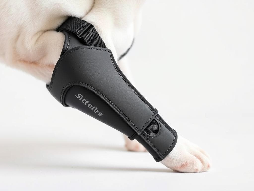 A close-up view of a sturdy, ergonomic puppy joint support splint made of lightweight yet durable medical-grade materials. The splint is designed to gently immobilize and stabilize a puppy's injured leg or joint, promoting proper healing and preventing further damage. The smooth, contoured shape follows the natural curves of the limb, ensuring a comfortable and supportive fit. Soft, adjustable straps allow for a customized application, while vented panels enhance airflow and prevent overheating. Photographed against a clean, white background with diffused, natural-looking lighting that accentuates the sleek, modern design of the splint.