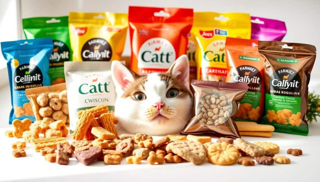 A colorful assortment of cat treats arranged in an aesthetically pleasing variety pack. The treats are displayed on a clean, white background, with soft, natural lighting illuminating the scene. The foreground features an array of gourmet-looking cat snacks in various shapes, sizes, and flavors, arranged in a visually appealing manner. The middle ground showcases the packaging of the treats, highlighting the branding and design elements. The background is subtly blurred, allowing the focus to remain on the delectable treats. The overall mood is one of high-quality, premium cat treats, inviting the viewer to explore the delightful options available.