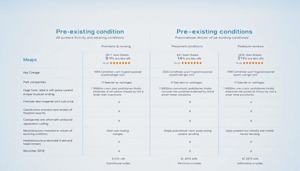 A comparative display of various pet insurance providers and their policies on pre-existing conditions. A clean, sleek interface showcases side-by-side comparisons of key coverage details, premium rates, and customer reviews. The layout is organized and visually appealing, with minimal text and an emphasis on infographic-style data visualization. The color palette is muted and professional, with subtle brand logos. The lighting is soft and evenly distributed, creating a sense of clarity and trustworthiness. The camera angle is slightly elevated, giving a broad, comprehensive view of the provider information. The overall mood is informative and reassuring, conveying the importance of understanding pet insurance options for pets with pre-existing health issues.