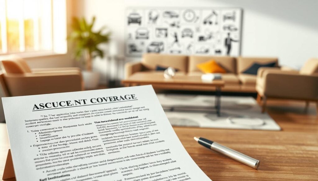 A comprehensive accident coverage plan lays out in meticulous detail the various protections and benefits it provides. In the foreground, a meticulously illustrated insurance policy document with fine print and legal terminology is prominently displayed, conveying the comprehensive nature of the coverage. In the middle ground, a diverse array of accident scenarios is depicted, including car collisions, sports injuries, and household mishaps, underscoring the extensive scope of the plan. The background features a serene, neutral-toned office setting, with clean lines and minimalist decor, creating a professional and trustworthy atmosphere. Warm, natural lighting bathes the scene, instilling a sense of reassurance and reliability.