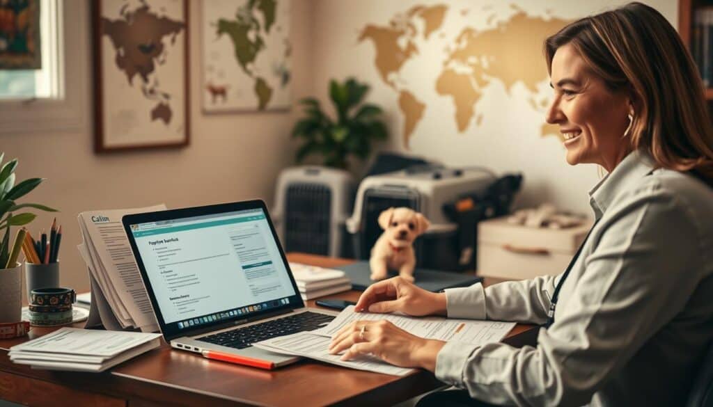 A cozy home office setting, with a desk showcasing various pet travel documents, claim forms, and a laptop displaying a digital claim submission interface. In the foreground, a helpful agent guide the claimant through the process, offering a warm, reassuring expression. The middle ground features a well-traveled pet carrier, collars, and other travel accessories. The background softly depicts a world map, hinting at the international nature of the coverage. Warm, natural lighting creates a welcoming ambiance, while a subtle depth of field draws the viewer's attention to the central claim filing activity.