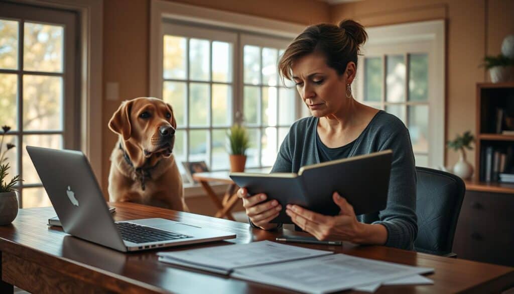A cozy home office, sunlit through large windows, a wooden desk with a laptop and a stack of documents. On the desk, a woman sits contemplating insurance plans, a tablet in hand, brow furrowed in concentration. Beside her, a well-loved older dog watches attentively, as if offering advice. The room's warm, earthy tones and soft lighting create a serene, thoughtful atmosphere, reflecting the careful consideration of the important decision at hand.