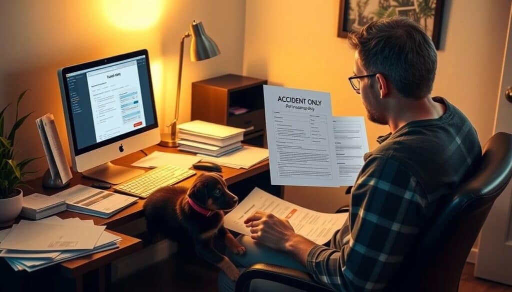 A cozy home office with a desk, computer, and various pet insurance plan documents spread out, as the owner carefully reviews and customizes their accident-only pet insurance policy. Soft, warm lighting illuminates the scene, creating a contemplative atmosphere. The owner's beloved pet, a playful puppy or kitten, rests nearby, serving as the inspiration for the policy selection. The background features muted, soothing tones, allowing the central focus to remain on the thoughtful customization process.