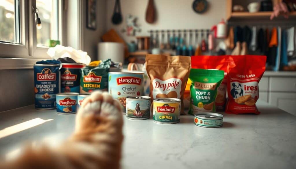 A cozy kitchen countertop with an array of different cat food cans, bags, and squeeze tubes, neatly arranged. Soft, natural lighting filters through a nearby window, casting a warm glow. In the foreground, a curious cat paw reaches out to inspect the various options. The middle ground showcases the different brand logos and packaging designs, highlighting the diversity of choices available. The background features a subtle, blurred scene of pet supplies and accessories, suggesting a well-stocked pet store or home pantry. The overall mood is one of exploration and decision-making, inviting the viewer to consider the process of transitioning between cat food brands. A cozy kitchen countertop with an array of different cat food cans, bags, and squeeze tubes, neatly arranged. Soft, natural lighting filters through a nearby window, casting a warm glow. In the foreground, a curious cat paw reaches out to inspect the various options. The middle ground showcases the different brand logos and packaging designs, highlighting the diversity of choices available. The background features a subtle, blurred scene of pet supplies and accessories, suggesting a well-stocked pet store or home pantry. The overall mood is one of exploration and decision-making, inviting the viewer to consider the process of transitioning between cat food brands.