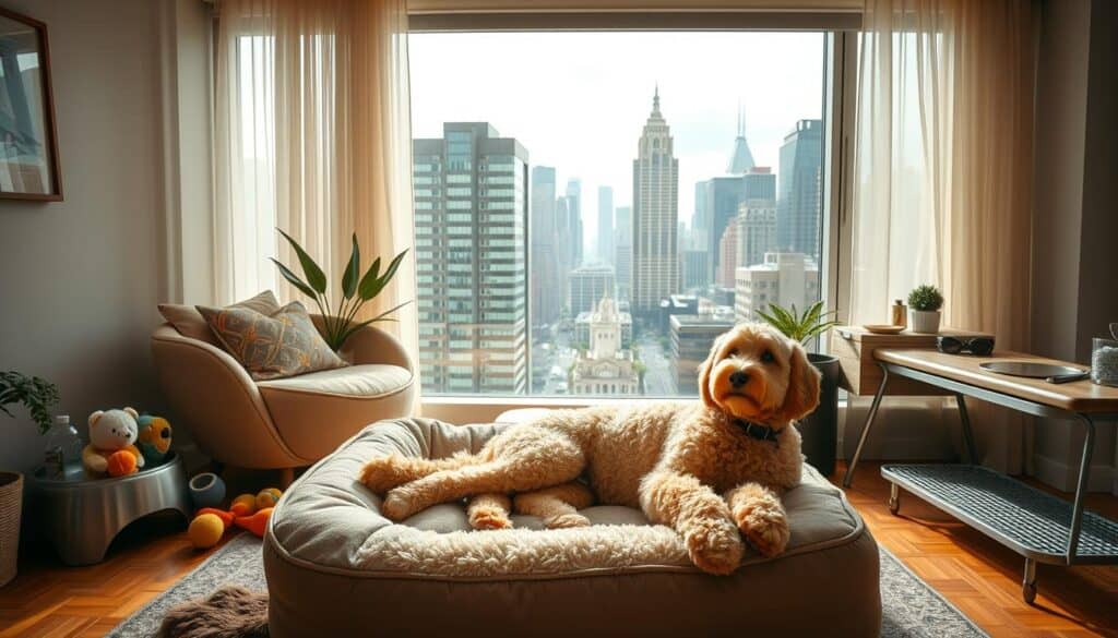A cozy urban home filled with natural light, showcasing a Snickerdoodle dog lounging contentedly on a plush dog bed. The dog is surrounded by plush toys, a water bowl, and a stylish pet feeding station. In the middle ground, a large window overlooks a vibrant city skyline, with high-rise buildings and a bustling street below. The atmosphere is warm and inviting, with soft, diffused lighting creating a serene ambiance. The composition emphasizes the harmonious integration of the dog's lifestyle within the urban setting, highlighting the breed's adaptability and the joys of city living with a Snickerdoodle companion.