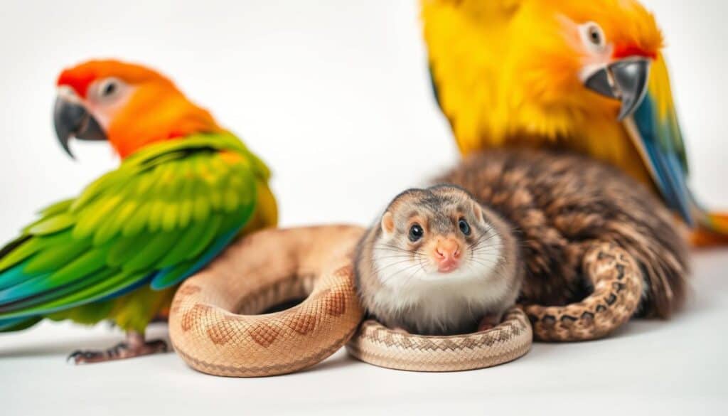A detailed close-up photograph of a diverse collection of exotic animals, including a brightly colored parrot, a slithering snake, and a fluffy rodent, all set against a clean white backdrop with soft, even lighting. The animals are positioned in a visually compelling arrangement, showcasing their unique features and textures. The image conveys a sense of care, expertise, and the importance of specialized insurance coverage for these specialized creatures.