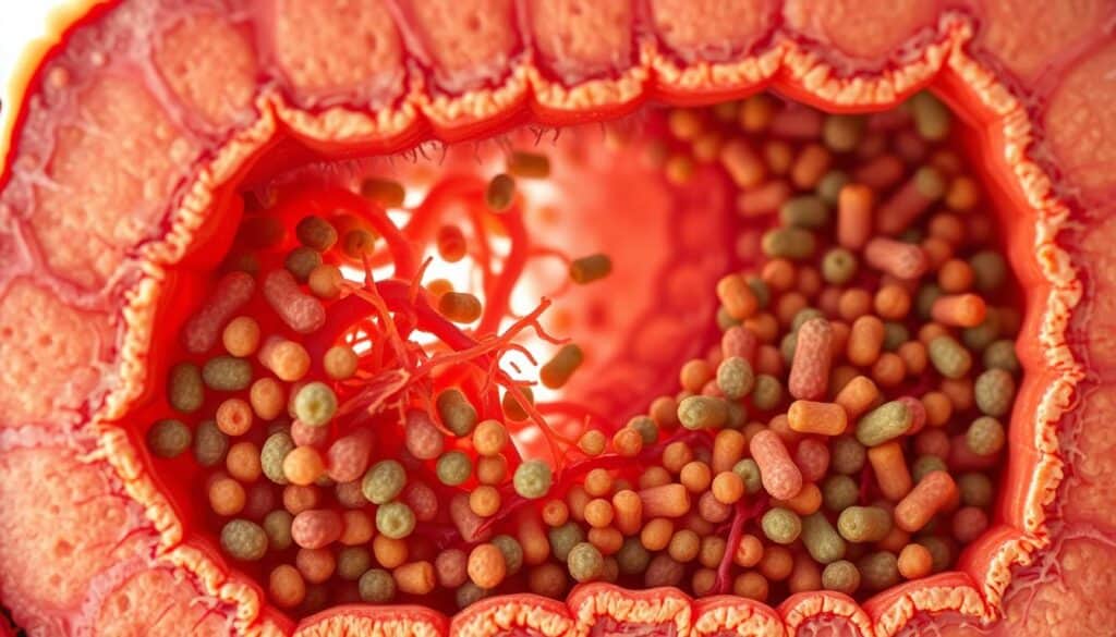 A detailed cross-section of a canine gut, showcasing the intricate microbiome ecosystem. In the foreground, a vibrant array of gut bacteria, each with its unique shape and color, thriving in a warm, moist environment. In the middle ground, the intestinal lining is visible, with its delicate villi and crypts. The background depicts the complex network of blood vessels and nerves, highlighting the gut's vital role in the overall health of the canine organism. The scene is illuminated by a soft, natural light, creating a sense of depth and dimension. Rendered with scientific accuracy and artistic flair, capturing the essence of canine gut microbiome science. A detailed cross-section of a canine gut, showcasing the intricate microbiome ecosystem. In the foreground, a vibrant array of gut bacteria, each with its unique shape and color, thriving in a warm, moist environment. In the middle ground, the intestinal lining is visible, with its delicate villi and crypts. The background depicts the complex network of blood vessels and nerves, highlighting the gut's vital role in the overall health of the canine organism. The scene is illuminated by a soft, natural light, creating a sense of depth and dimension. Rendered with scientific accuracy and artistic flair, capturing the essence of canine gut microbiome science.