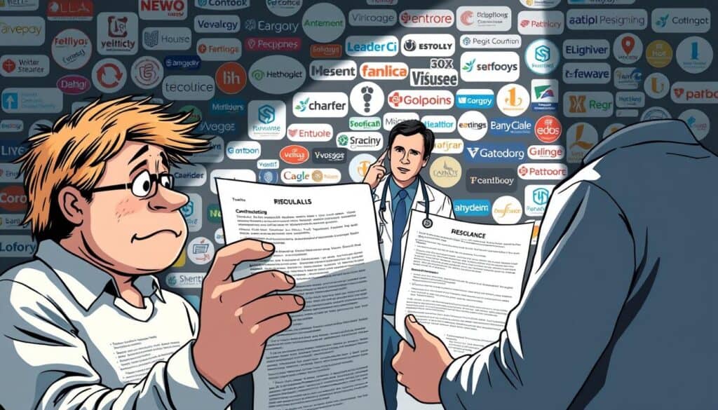 A detailed illustration depicting common pitfalls in pet insurance. In the foreground, a confused pet owner scrutinizing a complex insurance policy, overwhelmed by fine print and exclusions. In the middle ground, a veterinarian shaking their head, highlighting the mismatch between expected and actual coverage. In the background, a cluttered array of pet insurance logos and marketing claims, creating a sense of information overload. The lighting is harsh, creating stark shadows and emphasizing the challenging aspects of navigating the pet insurance landscape. The overall mood is one of bewilderment and the need for greater transparency and clarity in the industry.