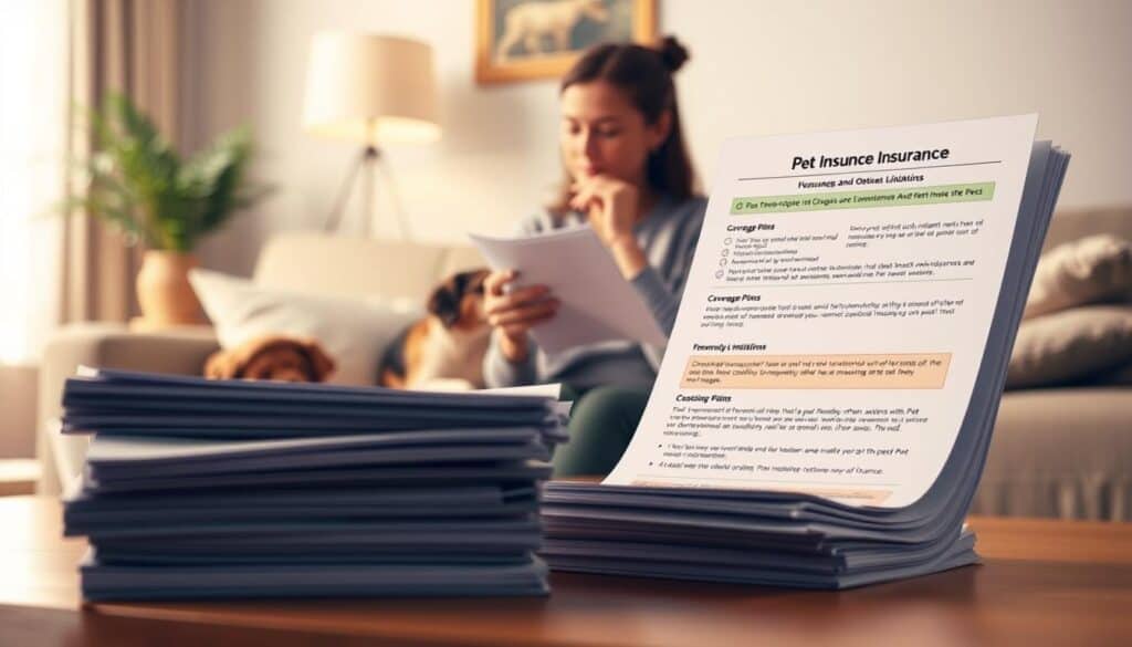 A detailed illustration of pet insurance policy options and limitations. In the foreground, a stack of documents representing different coverage plans, with icons and textual details describing the key features. In the middle ground, a thoughtful pet owner scrutinizing the documents, considering their options. The background depicts a harmonious domestic scene, with a mixed-breed dog relaxing happily, symbolizing the importance of comprehensive insurance for all pets. Warm, neutral lighting casts a contemplative mood, while a shallow depth of field draws the viewer's attention to the key elements. The composition conveys the informative yet considerate nature of the "Insurance Coverage Options and Policy Limitations" section.