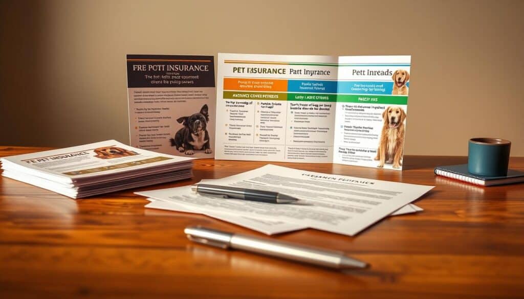 A detailed illustration of various pet insurance policy options displayed on a wooden table, bathed in warm, diffused lighting. In the foreground, a stack of insurance documents and a pen lie neatly arranged, conveying a sense of organization and professionalism. In the middle ground, three distinct policy brochures are showcased, each highlighting different coverage levels and premium options for rare dog breeds. The background features a neutral, slightly blurred backdrop, allowing the insurance materials to take center stage. The overall composition and color palette evoke a sense of authority, trustworthiness, and attention to the unique needs of exotic pet owners. A detailed illustration of various pet insurance policy options displayed on a wooden table, bathed in warm, diffused lighting. In the foreground, a stack of insurance documents and a pen lie neatly arranged, conveying a sense of organization and professionalism. In the middle ground, three distinct policy brochures are showcased, each highlighting different coverage levels and premium options for rare dog breeds. The background features a neutral, slightly blurred backdrop, allowing the insurance materials to take center stage. The overall composition and color palette evoke a sense of authority, trustworthiness, and attention to the unique needs of exotic pet owners.