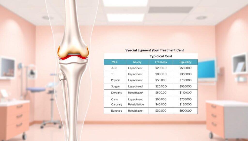 A detailed medical illustration of the cost of knee ligament treatment. In the foreground, a clear diagram of the knee joint anatomy, highlighting the major ligaments such as the ACL and MCL. In the middle ground, a table or infographic displaying the typical costs for various knee ligament repair procedures, including physical therapy, surgery, and rehabilitation. The background is a soft, pastel-toned medical environment, with subtle medical equipment and tools in the periphery, creating a sense of professionalism and authority. The lighting is clean and evenly distributed, creating a sense of clarity and precision. The overall mood is informative and educational, conveying the important financial considerations for knee ligament treatment.