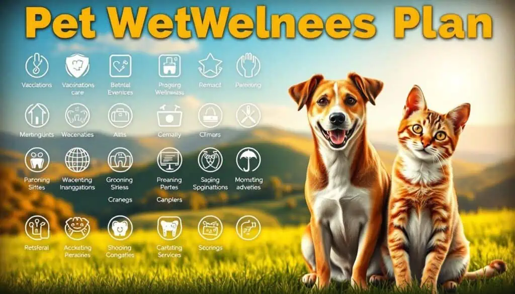 A detailed, richly textured illustration of the key benefits of a pet wellness plan. In the foreground, a friendly dog and cat sit together, their eyes bright with vitality. The middle ground showcases an array of icons representing common wellness services - vaccinations, dental care, grooming, and more. In the background, a serene, lush landscape with rolling hills and a calming blue sky, suggesting the holistic, nature-centric approach of the plan. The lighting is soft and warm, creating a sense of comfort and well-being. The overall composition conveys the comprehensive nature of the pet wellness plan, providing a visually appealing and informative snapshot of its core features.