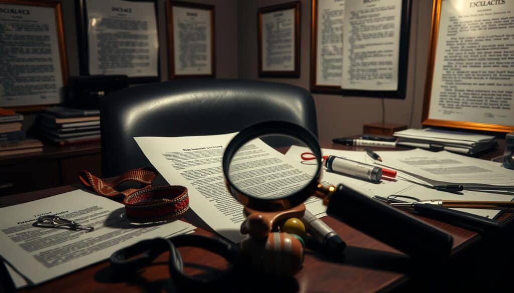 A dimly lit insurance office, the desk scattered with documents and fine print. In the foreground, a magnifying glass hovers over a contract, its contents obscured by shadows. Surrounding the desk, an array of exclusions materializes - a broken leash, a pile of chew toys, a syringe, and other everyday pet-related items. The walls are adorned with framed policies, their fine print indecipherable. An air of uncertainty and an ominous sense of what is not covered pervades the scene, conveying the complexities and limitations of pet insurance coverage.