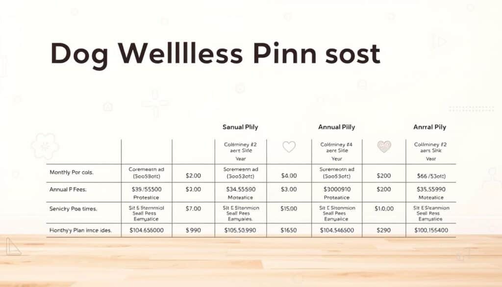 A financial chart showcasing a detailed cost comparison of various wellness plans for dogs, set against a clean, minimalist backdrop. The foreground features a simple, elegantly designed table with rows displaying different plan options, their respective monthly/annual fees, and the services included. The middle ground depicts thoughtful icons or infographic elements to visually represent the plan features. The background is a serene, softly-lit space with subtle textures, allowing the information to take center stage. The overall mood is professional, informative, and visually appealing, guiding the viewer through the key details of dog wellness plan costs. A financial chart showcasing a detailed cost comparison of various wellness plans for dogs, set against a clean, minimalist backdrop. The foreground features a simple, elegantly designed table with rows displaying different plan options, their respective monthly/annual fees, and the services included. The middle ground depicts thoughtful icons or infographic elements to visually represent the plan features. The background is a serene, softly-lit space with subtle textures, allowing the information to take center stage. The overall mood is professional, informative, and visually appealing, guiding the viewer through the key details of dog wellness plan costs.