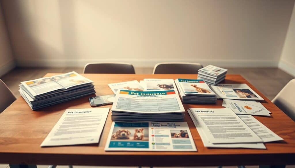 A high-contrast, wide-angle photograph of a table with various pet insurance brochures, pamphlets, and documents neatly arranged in a comparative display. The lighting is warm and directional, casting shadows that accentuate the textures and details of the materials. The background is blurred, keeping the focus on the central comparison. The composition is balanced and symmetrical, with the insurance materials occupying the middle ground, surrounded by a clean, minimalist environment that conveys a sense of professionalism and authority. The overall mood is one of thoughtful analysis and considered decision-making.