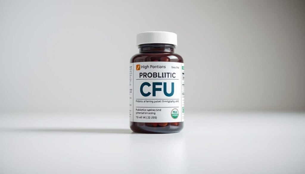 A high-quality probiotic supplement with a clear label showcasing the precise CFU (colony forming unit) count. The container is displayed on a clean, well-lit surface, against a neutral background that creates a sense of scientific precision. The label design is minimalist, highlighting the key information about the probiotic strain and potency. The depth of field is shallow, drawing the viewer's attention to the container and its vital statistics. The lighting is soft and diffused, creating a sense of clinical professionalism. The overall composition conveys a message of reliability, transparency, and the importance of probiotic quality for optimal digestive health.