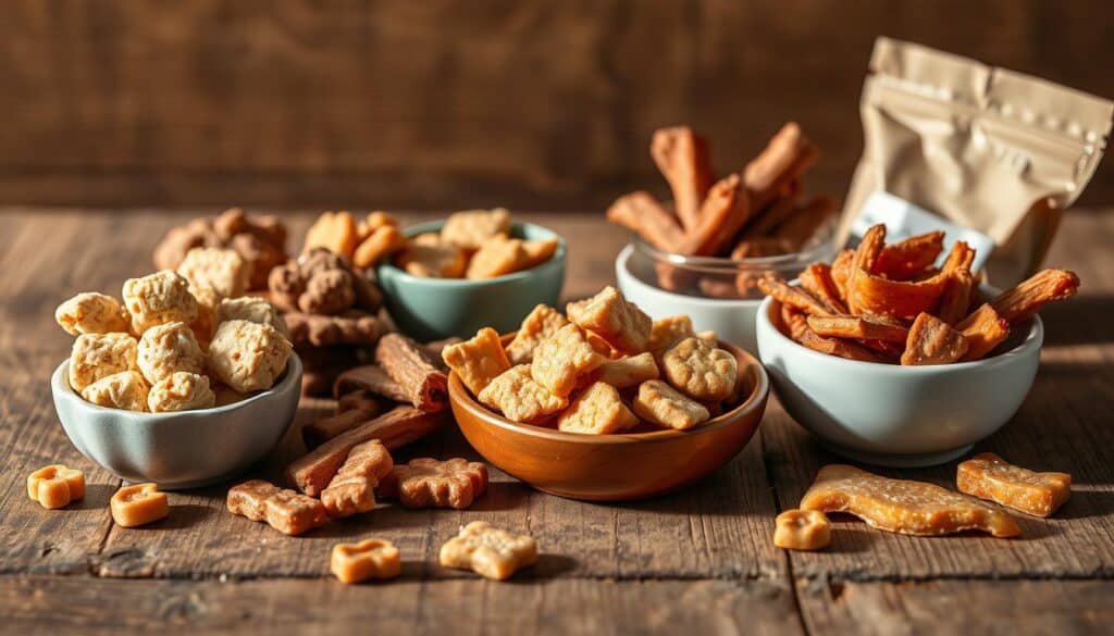 A high-quality still life shot of an assortment of different cat treats, including soft chews, crunchy bites, and jerky strips, arranged on a rustic wooden tabletop. The treats are displayed in small bowls and dishes, allowing for a clear comparison of their sizes, shapes, and textures. Warm, natural lighting casts subtle shadows, highlighting the details of each treat. The background is slightly blurred, keeping the focus on the treats themselves. The overall mood is one of elegant simplicity, inviting the viewer to closely examine and compare the various options for healthy kitten snacking.
