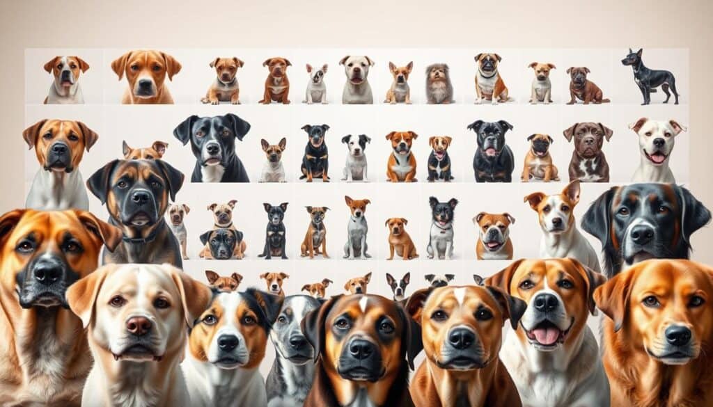 A high-resolution, photorealistic image of a collection of dog breeds arranged in a grid-like pattern, showcasing the diverse characteristics and features of each breed. The foreground features close-up portraits of several popular dog breeds, with distinct facial expressions, fur textures, and breed-specific details. The middle ground displays a grid-like arrangement of additional dog breeds, each represented by a medium-sized image. The background gently fades to a neutral, softly-lit environment, allowing the dogs to be the central focus. The overall composition and lighting convey a sense of professionalism and authority, suitable for an informative article on pet insurance.