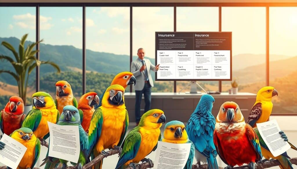 A meticulously detailed illustration of birds insurance coverage, showcasing a variety of avian species against a serene backdrop. In the foreground, a flock of vibrant parrots, finches, and songbirds are depicted, each with a clearly defined policy document in their talons, highlighting the comprehensive coverage available. The middle ground features a sleek, modern office setting, with a professional insurance agent gesturing towards a large display screen showcasing various policy options. The background is a softly blurred landscape, conveying a sense of tranquility and security. The overall scene is illuminated by warm, natural lighting, creating a welcoming and trustworthy atmosphere.