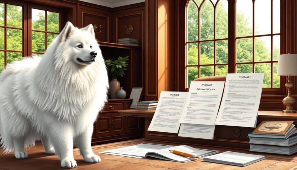 A meticulously detailed, photorealistic illustration showcasing an exotic dog breed insurance comparison. In the foreground, a beautiful Samoyed stands regally, its thick white fur glowing in soft natural lighting. In the middle ground, an array of insurance policy documents and forms are neatly displayed, with subtle annotations and graphics highlighting coverage details. The background features a sophisticated office setting, with tasteful wood paneling, brass fixtures, and a large window overlooking a lush, verdant garden. The overall mood is one of refined professionalism, reflecting the specialized and high-end nature of exotic breed insurance. The composition is balanced and harmonious, drawing the viewer's eye through the various informational layers. A meticulously detailed, photorealistic illustration showcasing an exotic dog breed insurance comparison. In the foreground, a beautiful Samoyed stands regally, its thick white fur glowing in soft natural lighting. In the middle ground, an array of insurance policy documents and forms are neatly displayed, with subtle annotations and graphics highlighting coverage details. The background features a sophisticated office setting, with tasteful wood paneling, brass fixtures, and a large window overlooking a lush, verdant garden. The overall mood is one of refined professionalism, reflecting the specialized and high-end nature of exotic breed insurance. The composition is balanced and harmonious, drawing the viewer's eye through the various informational layers.