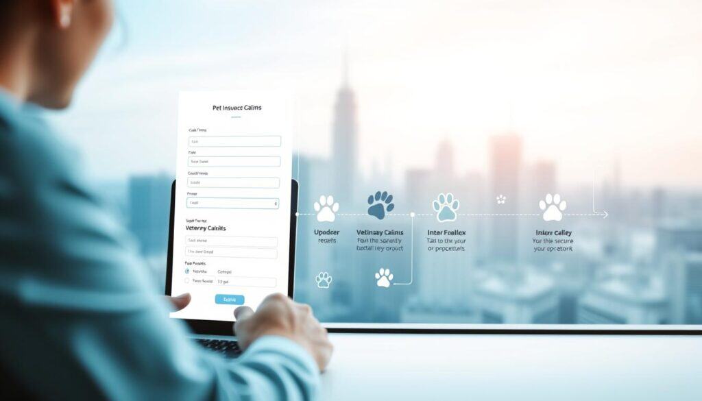 A modern, streamlined pet insurance claim process unfolding across a clean, minimalist digital interface. In the foreground, a user navigates an intuitive online form, uploading veterinary receipts and details. The middle ground depicts paw-print icons and stylized infographic elements, guiding the claimant through each step. In the background, a softly blurred cityscape backdrop evokes a sense of professionalism and reliability. The overall scene is bathed in cool, calming hues, conveying an efficient, stress-free experience for the pet owner. A modern, streamlined pet insurance claim process unfolding across a clean, minimalist digital interface. In the foreground, a user navigates an intuitive online form, uploading veterinary receipts and details. The middle ground depicts paw-print icons and stylized infographic elements, guiding the claimant through each step. In the background, a softly blurred cityscape backdrop evokes a sense of professionalism and reliability. The overall scene is bathed in cool, calming hues, conveying an efficient, stress-free experience for the pet owner.