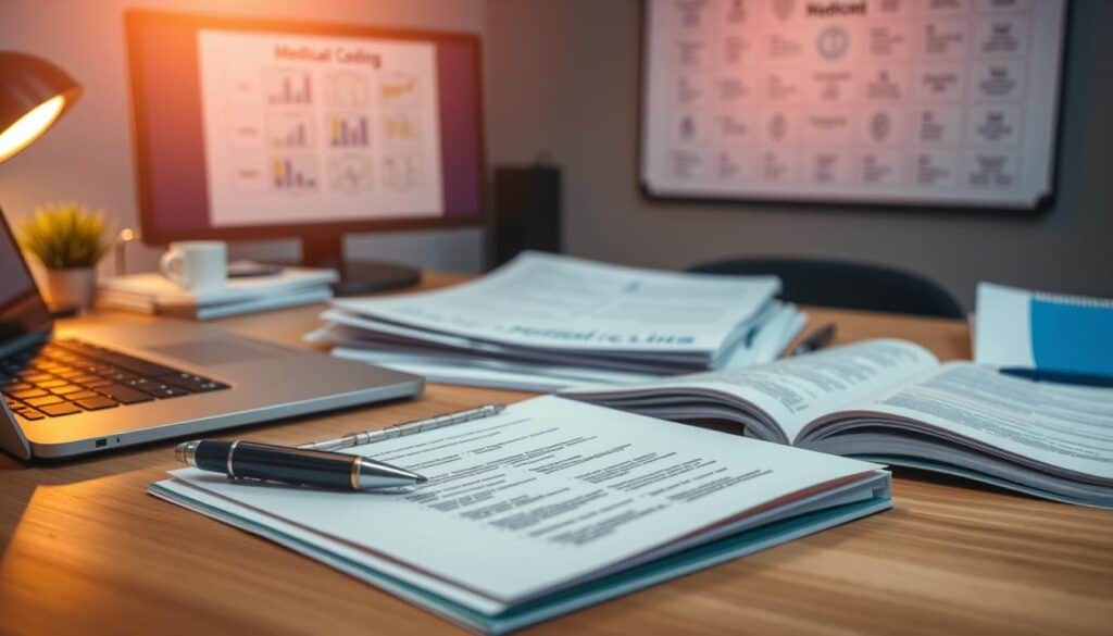 A neatly organized desk with a laptop, medical charts, and a stack of paperwork. Warm, focused lighting illuminates the workspace, creating a professional, efficient atmosphere. In the foreground, a pen hovers over a document, ready to meticulously record medical codes and diagnostic details. The middle ground features a folder labeled "Medical Coding" and a reference book open to a page of code descriptions. In the background, a wall-mounted display shows a visual representation of the coding process, guiding the user through the intricacies of proper documentation. The scene conveys the importance of thorough, accurate medical coding to support successful insurance claims.