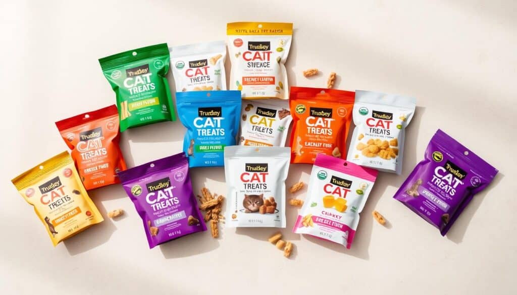 A neatly organized display of various cat squeeze treat packages, ranging from savory flavors to crunchy textures. The treats are showcased on a clean, neutral-toned surface, with soft, diffused lighting illuminating their vibrant colors and captivating textures. The arrangement creates a sense of elevated, premium quality, inviting the viewer to closely examine the diverse selection. The overall mood is one of sophisticated allure, highlighting the care and attention put into curating the best cat squeeze treats for discerning feline palates.