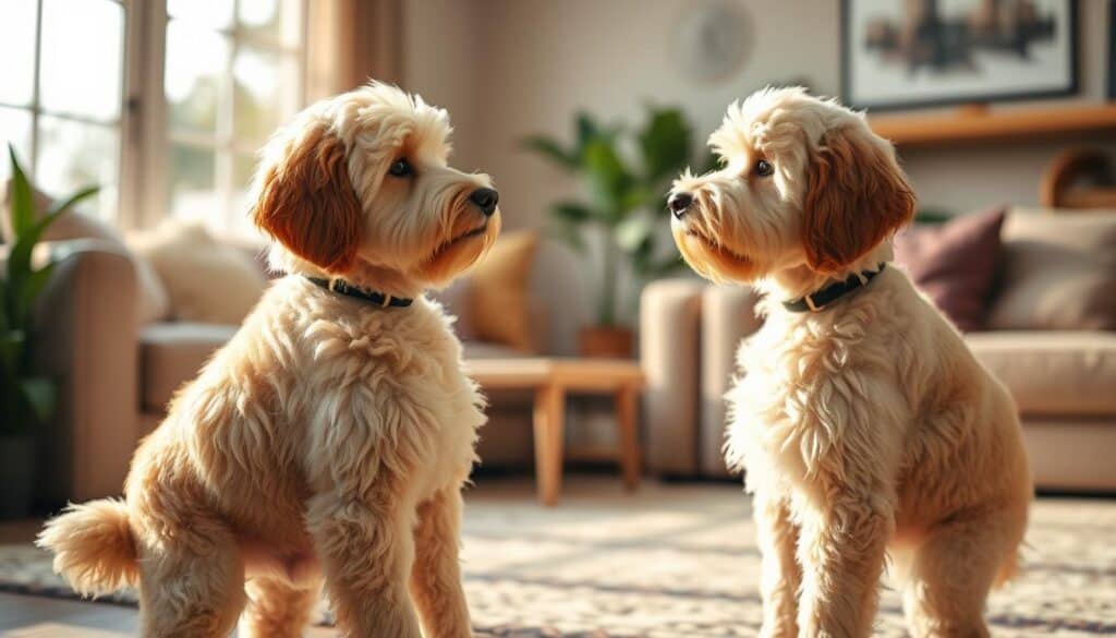 A playful snickerdoodle dog stands attentively, focused on its owner who is guiding it through a training session. The dog's soft, fluffy coat in shades of cream and caramel is illuminated by warm, natural lighting filtering through large windows. In the middle ground, the owner, dressed casually, demonstrates a simple command, their hands gesturing encouragingly. The background features a cozy, inviting living room setting with plush furniture and potted plants, creating a serene, homely atmosphere conducive to productive training. The scene captures the Snickerdoodle's eager-to-please nature and the close bond between the dog and its human companion.