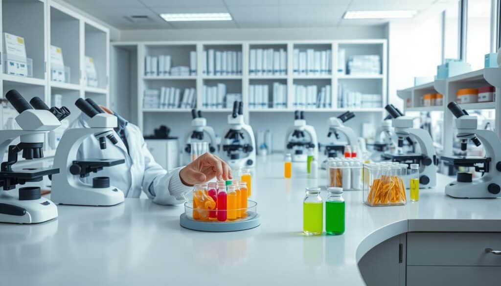 A pristine laboratory setting, with clinical white countertops and gleaming equipment. In the foreground, a scientist in a crisp lab coat carefully examines a petri dish, surrounded by vials and test tubes filled with colorful probiotic cultures. The mid-ground showcases an array of microscopes, each trained on samples, while the background features shelves brimming with reference materials and quality assurance guidelines. Soft, diffused lighting casts a professional, authoritative tone, as the scene conveys the meticulous care and attention to detail required in ensuring the integrity of probiotic products. A pristine laboratory setting, with clinical white countertops and gleaming equipment. In the foreground, a scientist in a crisp lab coat carefully examines a petri dish, surrounded by vials and test tubes filled with colorful probiotic cultures. The mid-ground showcases an array of microscopes, each trained on samples, while the background features shelves brimming with reference materials and quality assurance guidelines. Soft, diffused lighting casts a professional, authoritative tone, as the scene conveys the meticulous care and attention to detail required in ensuring the integrity of probiotic products.