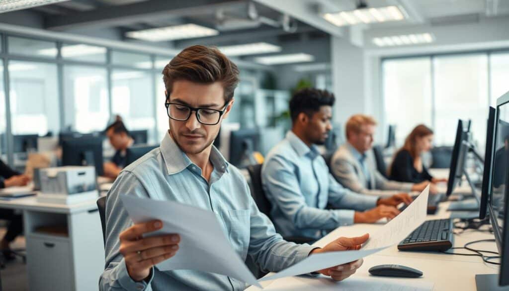 A professional insurance office, filled with neatly organized desks and computers. In the foreground, a claims adjuster diligently reviews paperwork, their expression one of focused attention. In the middle ground, other adjusters type at their keyboards, discussing claims with clients over the phone. The background is softly lit, with a sense of efficiency and productivity. The overall mood is one of a well-oiled claims processing machine, handling each case with care and attention to detail.