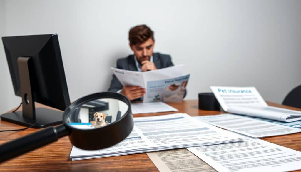 A professional, well-lit studio setup with a desk displaying various pet insurance policy documents, brochures, and information sheets. In the foreground, a magnifying glass examining the coverage details, while in the middle ground, a person reviews the policies with a contemplative expression. The background features a neutral, minimalist backdrop that allows the insurance materials to take center stage, conveying a sense of thoughtful consideration and financial planning. A professional, well-lit studio setup with a desk displaying various pet insurance policy documents, brochures, and information sheets. In the foreground, a magnifying glass examining the coverage details, while in the middle ground, a person reviews the policies with a contemplative expression. The background features a neutral, minimalist backdrop that allows the insurance materials to take center stage, conveying a sense of thoughtful consideration and financial planning.