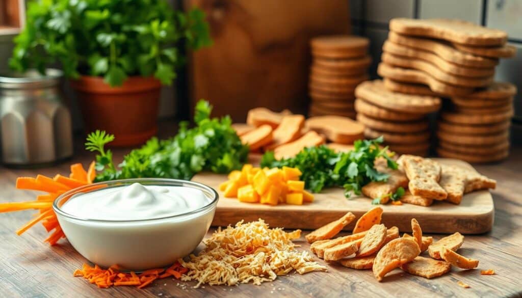 A rustic kitchen counter, bathed in warm, natural light, showcases an assortment of probiotic-rich ingredients for canine meals. In the foreground, a bowl of plain, unsweetened yogurt sits alongside grated carrots, chopped parsley, and a sprinkle of nutritional yeast. In the middle ground, a cutting board displays diced sweet potatoes and a scattering of dehydrated chicken or fish. The background features a stack of whole-grain dog biscuits and a healthy, robust plant, adding a touch of lush greenery to the scene. The overall composition conveys a sense of wholesome, homemade goodness, perfect for nourishing our four-legged companions. A rustic kitchen counter, bathed in warm, natural light, showcases an assortment of probiotic-rich ingredients for canine meals. In the foreground, a bowl of plain, unsweetened yogurt sits alongside grated carrots, chopped parsley, and a sprinkle of nutritional yeast. In the middle ground, a cutting board displays diced sweet potatoes and a scattering of dehydrated chicken or fish. The background features a stack of whole-grain dog biscuits and a healthy, robust plant, adding a touch of lush greenery to the scene. The overall composition conveys a sense of wholesome, homemade goodness, perfect for nourishing our four-legged companions.
