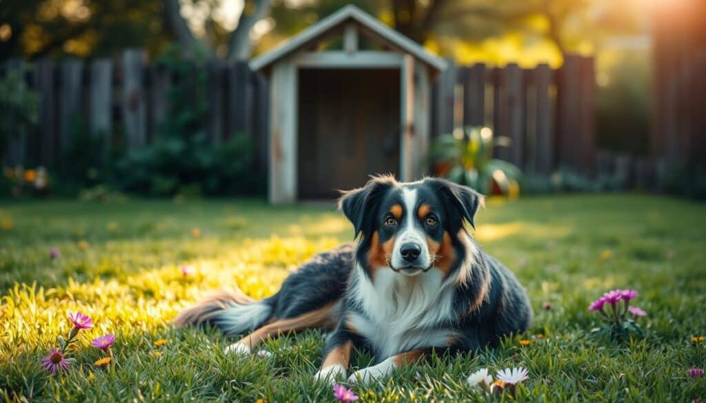 A serene suburban backyard, the lush green grass dotted with vibrant wildflowers. In the foreground, a well-groomed Australian Shepherd lounges, its attentive gaze fixed on the viewer. An open doghouse sits nearby, its wooden frame weathered by time. The middle ground reveals a partially obscured fence, hinting at the boundaries of the coverage gap that could leave pet owners vulnerable. Soft, diffused natural lighting casts gentle shadows, creating a sense of tranquility and contemplation. The background blurs into a warm, hazy atmosphere, suggesting the unseen risks that may lurk beyond the familiar confines of the backyard.