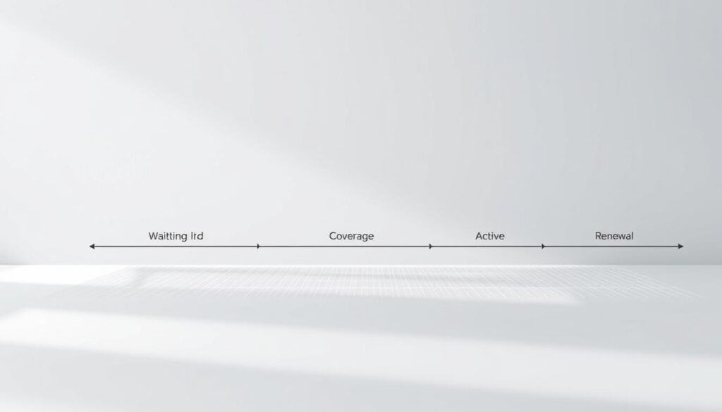 A sleek, minimalist infographic depicting the concept of policy coverage timelines. In the foreground, a seamless timeline unfolds, marked with distinct phases labeled "Waiting Period," "Coverage Active," and "Renewal." The timeline is rendered in a precise, technical style, with clean lines and geometric shapes. In the middle ground, a subtle grid pattern provides a sense of structure and organization. The background features a muted, neutral color palette, allowing the timeline to take center stage. Soft, diffused lighting illuminates the scene, creating a calm, professional atmosphere. The overall composition conveys a clear, informative, and visually engaging representation of the role of waiting periods in policy coverage.