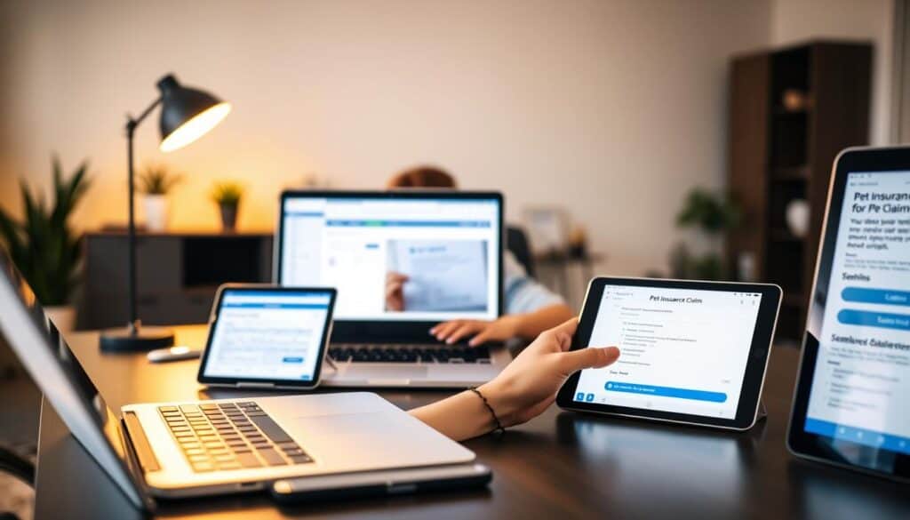 A sleek, modern home office with a desk showcasing various digital tools for pet insurance claims processing. The foreground features a laptop, tablet, and smartphone, all displaying intuitive pet insurance claim interfaces. The middle ground highlights a pet owner reviewing digital documents and submitting a claim through a seamless online platform. The background subtly reveals a cozy, warm-lit environment, evoking a sense of ease and efficiency in the claims process. The lighting is soft and diffused, creating a professional yet inviting atmosphere. The camera angle is slightly elevated, allowing for a comprehensive view of the digital tools and their integration into the pet insurance claim workflow.