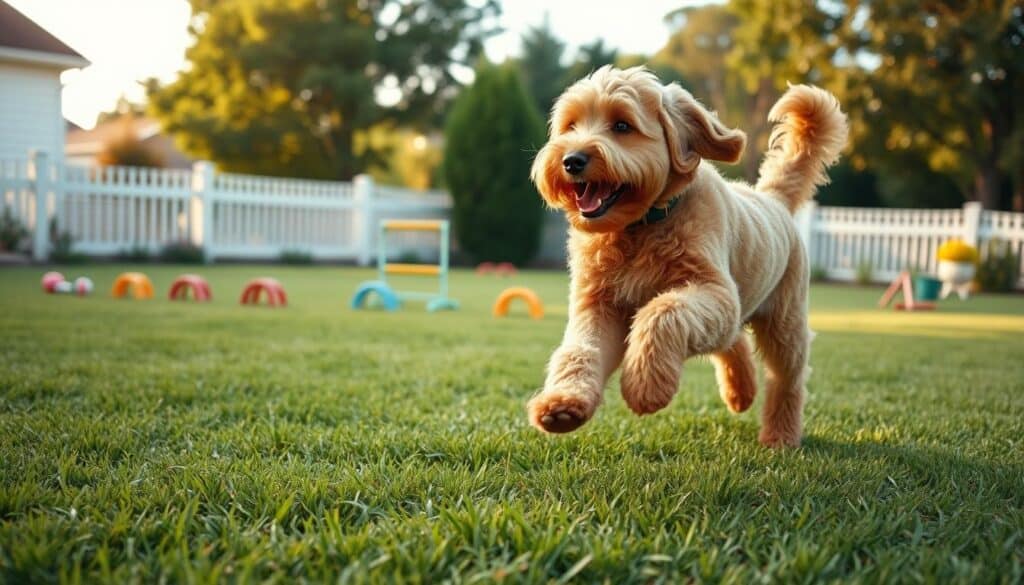 A snickerdoodle dog, its golden-brown coat glistening in the afternoon sun, enthusiastically engages in a playful exercise routine. In the foreground, the canine gracefully leaps and bounds, its powerful paws propelling it forward. In the middle ground, a vibrant green lawn provides a lush backdrop, dotted with scattered toys and agility obstacles. The background showcases a picturesque suburban setting, with white picket fences and lush trees framing the scene. Soft, diffused lighting casts a warm, inviting glow, capturing the dog's joyful energy and the tranquil atmosphere of the backyard. The overall mood is one of playfulness, contentment, and the strong bond between a snickerdoodle and its human companion.