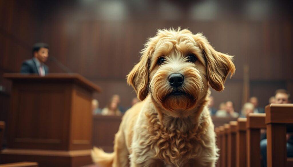 A snickerdoodle dog standing in a courtroom, surrounded by a haze of controversy. The canine's expression is a mix of confusion and concern, its head cocked slightly to the side. In the background, a judge's bench and spectators' seats loom, creating an air of tension and legal proceedings. Warm, soft lighting illuminates the scene, casting subtle shadows and highlights on the dog's golden-brown fur. The overall atmosphere suggests a struggle for understanding and resolution, as the snickerdoodle breed navigates the complexities of public perception and scrutiny.