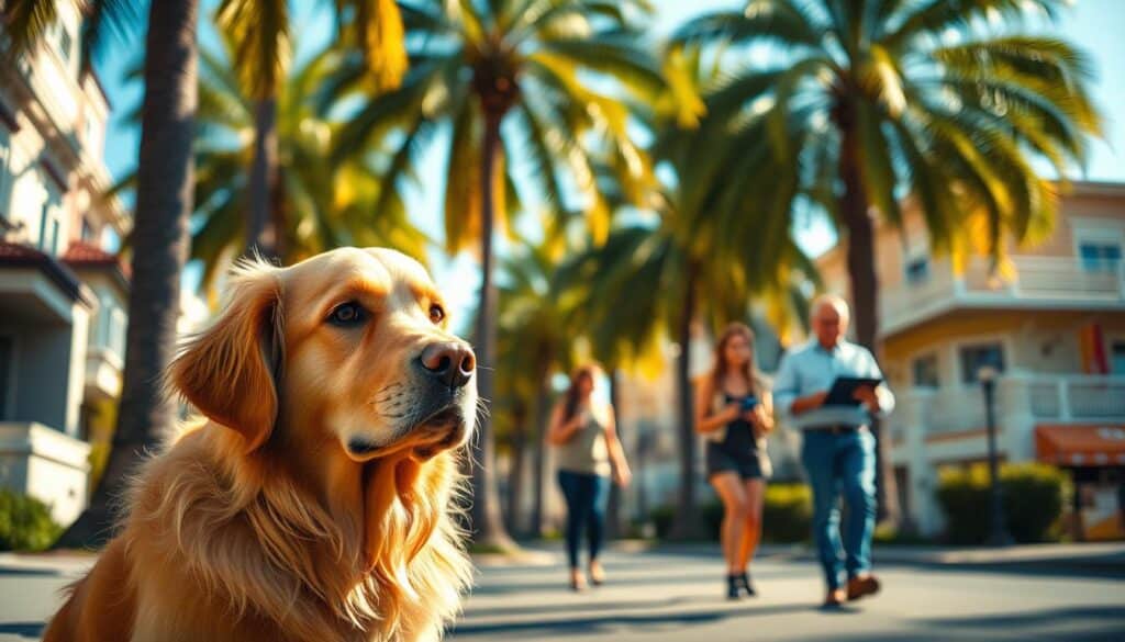 A sun-drenched Californian street, with lush palm trees swaying gently in the breeze. In the foreground, a well-groomed golden retriever sits patiently, its eyes filled with intelligence and curiosity. In the middle ground, a family walks by, discussing the costs of their comprehensive pet insurance policy, its details visible on their tablet device. The background showcases the vibrant, coastal architecture that defines the Golden State, hinting at the varied landscapes and climates that influence regional pet care needs. Captured with a shallow depth of field, creating a dreamlike, cinematic atmosphere that invites the viewer to step into this California pet insurance landscape.