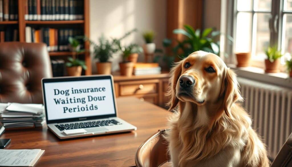 A sunlit, cozy office setting with a wooden desk and leather chair. On the desk, a stack of insurance documents and a laptop display the phrase "Dog Insurance Waiting Periods". In the foreground, a well-groomed Golden Retriever sits attentively, its head tilted slightly as if pondering the matter. The middle ground features shelves of reference books and potted plants, conveying a sense of professionalism and expertise. The background is softly blurred, allowing the viewer's focus to remain on the central elements. The overall mood is one of thoughtful consideration, with warm lighting and a subtle sense of anticipation.